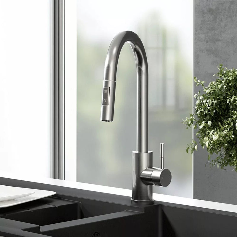 Brushed Steel Pull Out Kitchen Mixer Tap Dual Spray Swivel Spout Single Lever