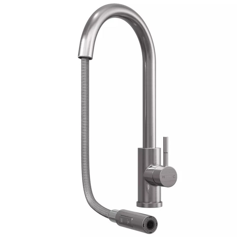 Brushed Steel Pull Out Kitchen Mixer Tap Dual Spray Swivel Spout Single Lever