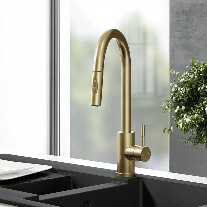 Pull Out Kitchen Mixer Tap Dual Spray Swivel Spout Single Lever Brushed Brass