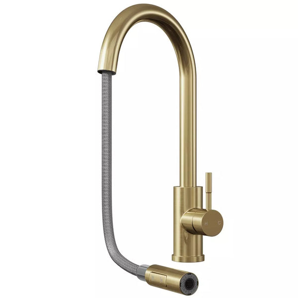 Pull Out Kitchen Mixer Tap Dual Spray Swivel Spout Single Lever Brushed Brass
