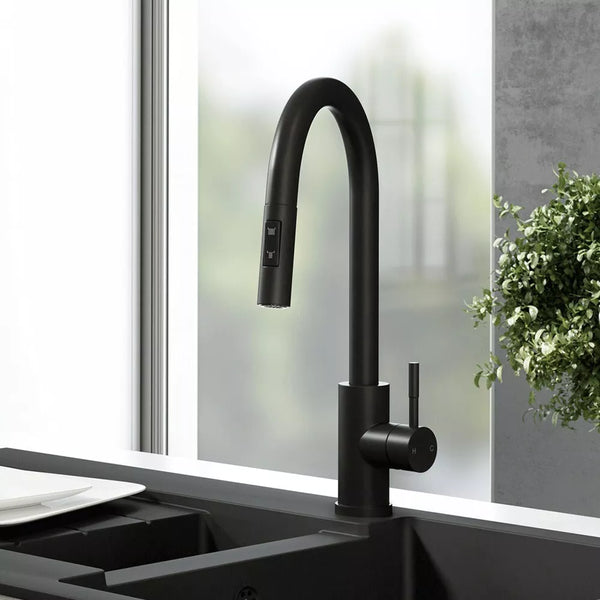 Matt Black Pull Out Kitchen Mixer Tap Dual Spray Swivel Spout Single Lever Brass