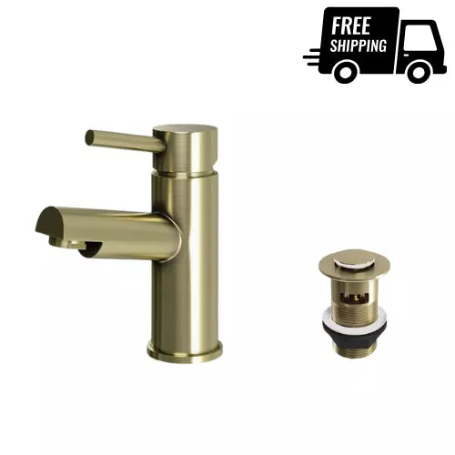 MODERN BASIN MIXER TAP + WASTE ROUND BRUSHED BRASS BATHROOM